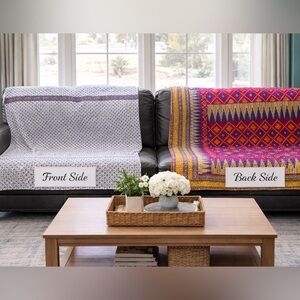 Kantha Purple flower geometric throw quilt vintage handsewn India  85x55 approx